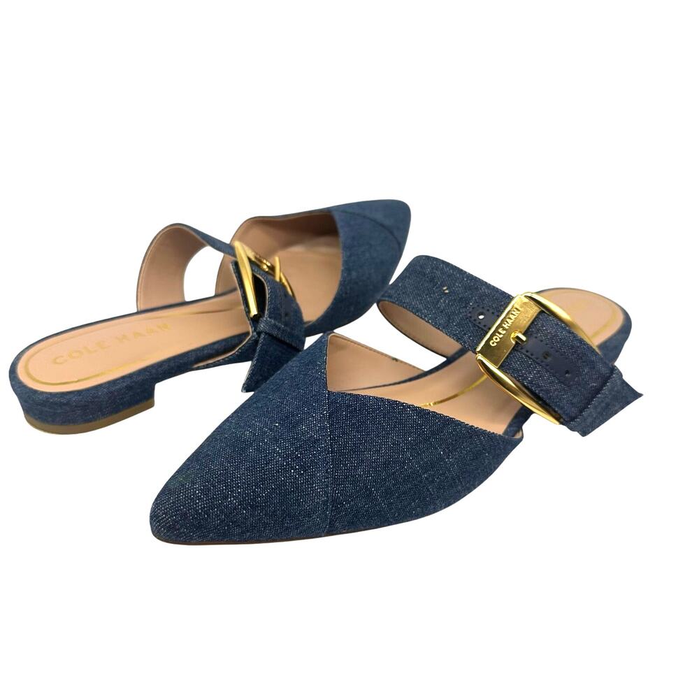 Cole Haan Blue Vandam Gold Buckle Accent Mule Ballet Denim Flat Womens Size 6